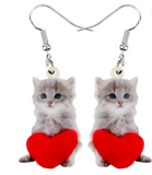 Acrylic Valentine's Day Red Heart Long Hair Cat Earrings Drop Dangle Jewelry Kitten Animal Decoration Ornaments For Women Girls Teens Festival Charm Gifts Accessories