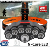 9 LED Headlamp Outdoor ABS Head-mounted 4 Modes Rechargeable Flashlight Fishing Light Built-in Battery Headlight (600mAh/1200mAh/2400mAh)