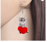 Acrylic Valentine's Day Red Heart Long Hair Cat Earrings Drop Dangle Jewelry Kitten Animal Decoration Ornaments For Women Girls Teens Festival Charm Gifts Accessories