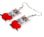 Acrylic Valentine's Day Red Heart Long Hair Cat Earrings Drop Dangle Jewelry Kitten Animal Decoration Ornaments For Women Girls Teens Festival Charm Gifts Accessories