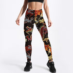 Qickitout Fitness Leggings Women Workout Push Up Legging Fashion Digital Print Fire Dragon Flower Embroidery Jeggings Pants