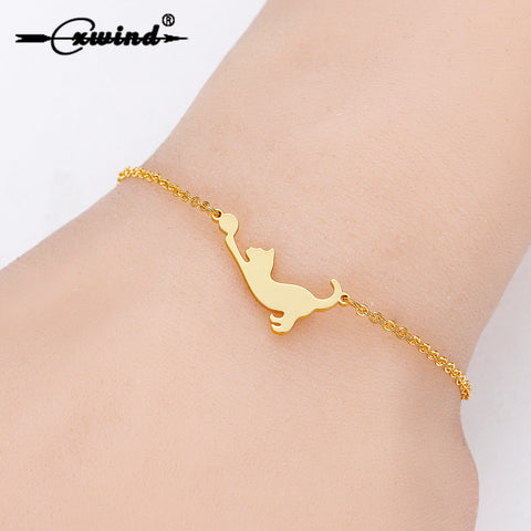 Cxwind Lucky Animal Cat Fortune Cat Ball Bracelet CharmStainless Steel Bracelets for Women Femme Adjustable Chain Wrist Jewelry