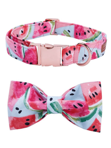 Watermelon Pink Cotton Fabric Dog Collar and Leash Set with Bow Tie for Big and Small Dog Rose Gold Metal Buckle Pet Accessories