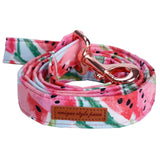 Watermelon Pink Cotton Fabric Dog Collar and Leash Set with Bow Tie for Big and Small Dog Rose Gold Metal Buckle Pet Accessories