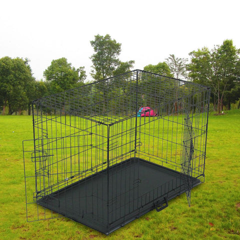 Black Pet Folding Wire Cage Double Open Door Cat Dog Cage With Divider Bar And Plastic Tray Travel Pet Kennel Supplies