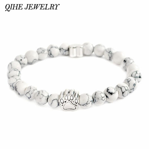 QIHE JEWELRY Tiny Anitique Paw Charm Stone Bracelet Pet Memorial Cat Dog Lovers Jewelry For Men Women Unisex