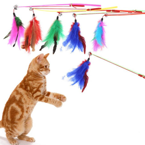 5 Pcs Colorful Wire Feather Cat Toys On A Rod Belling Colorful Feather Teaser Play Pet Dangler Cat Feather Wand Toys
